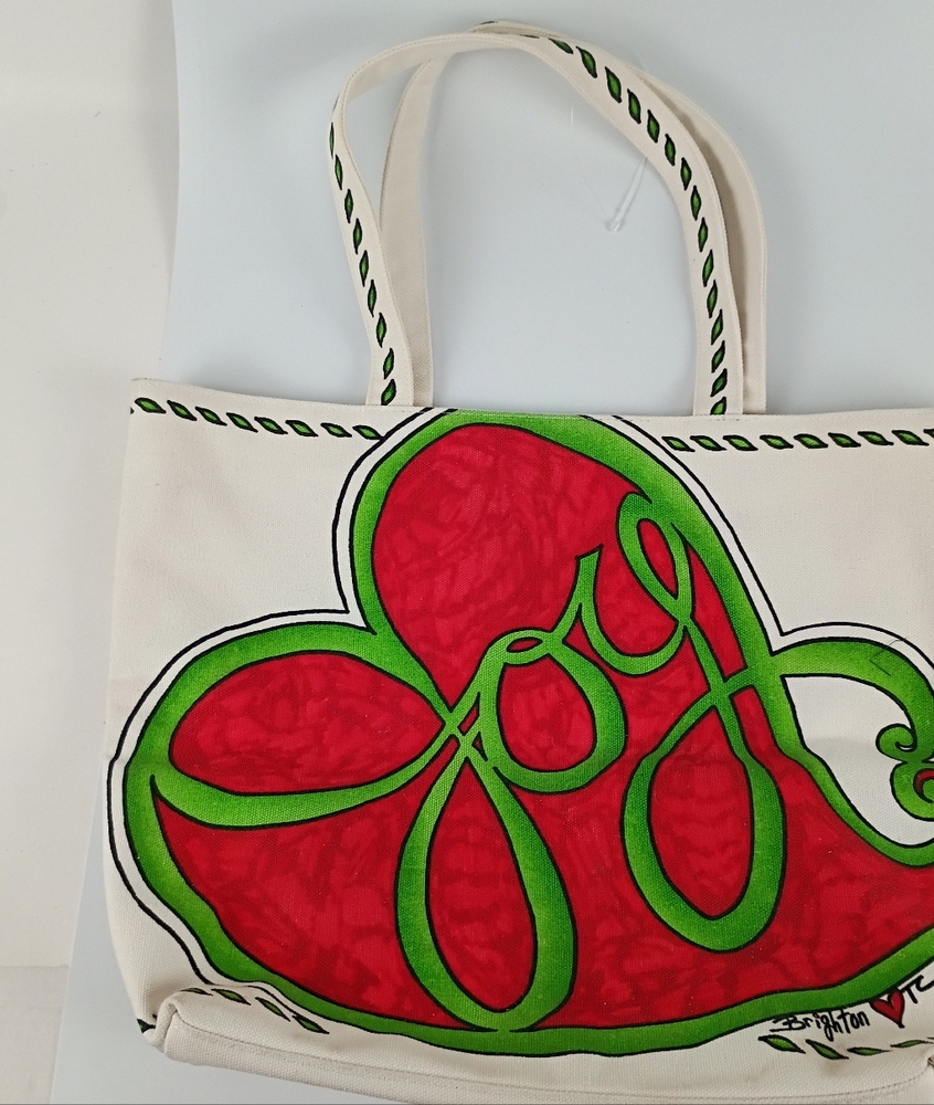 Brighton (Peace, Love & Joy) Holiday Christmas Canvas Tote Tan Bag with Red Dove